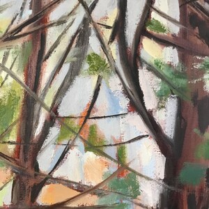 May include: Abstract painting of a forest scene with brown tree trunks and branches, green foliage, and a light blue sky.