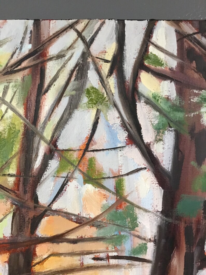 May include: Abstract painting of a forest scene with brown tree trunks and branches, green foliage, and a light blue sky.