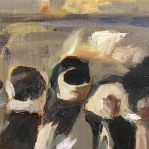 May include: A painting of three people in a crowd, with their faces obscured by shadows. The painting is done in a loose, impressionistic style, with thick brushstrokes and a limited color palette.