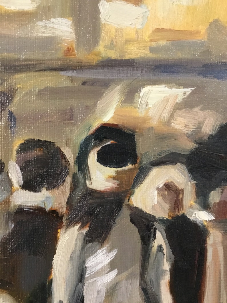May include: A painting of three people in a crowd, with their faces obscured by shadows. The painting is done in a loose, impressionistic style, with thick brushstrokes and a limited color palette.