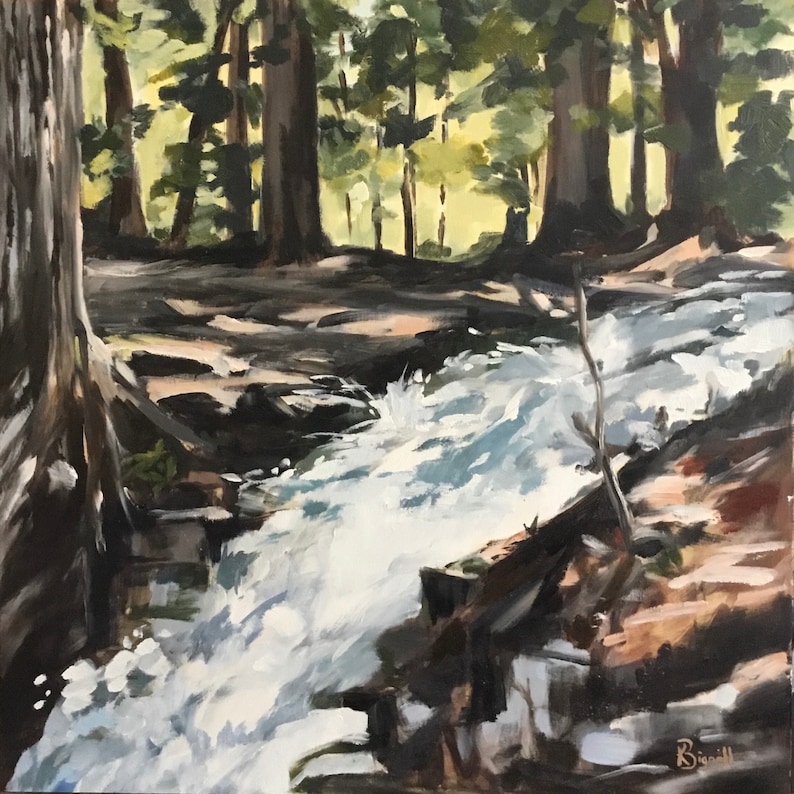 May include: An oil painting depicts a forest scene with a rushing stream. The water is white and foamy, contrasting with the dark brown rocks and tree trunks. The trees are tall and green, with sunlight filtering through the leaves.