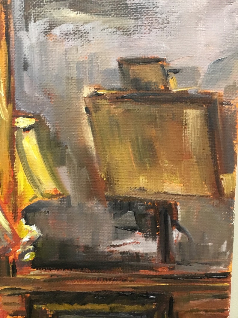 May include: A painting of a still life with a wooden easel, a yellow object, and a brown box. The background is a muted gray.