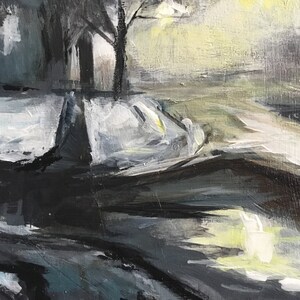 May include: An oil painting depicting a winter landscape at dusk. The scene features a snow-covered area with trees and a street light. The color palette includes shades of gray, white, and yellow, creating a moody and atmospheric effect.