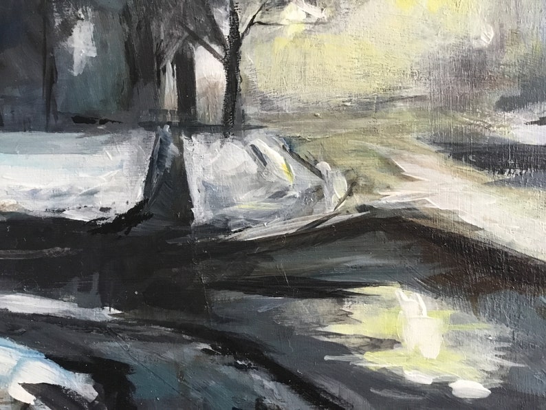 May include: An oil painting depicting a winter landscape at dusk. The scene features a snow-covered area with trees and a street light. The color palette includes shades of gray, white, and yellow, creating a moody and atmospheric effect.