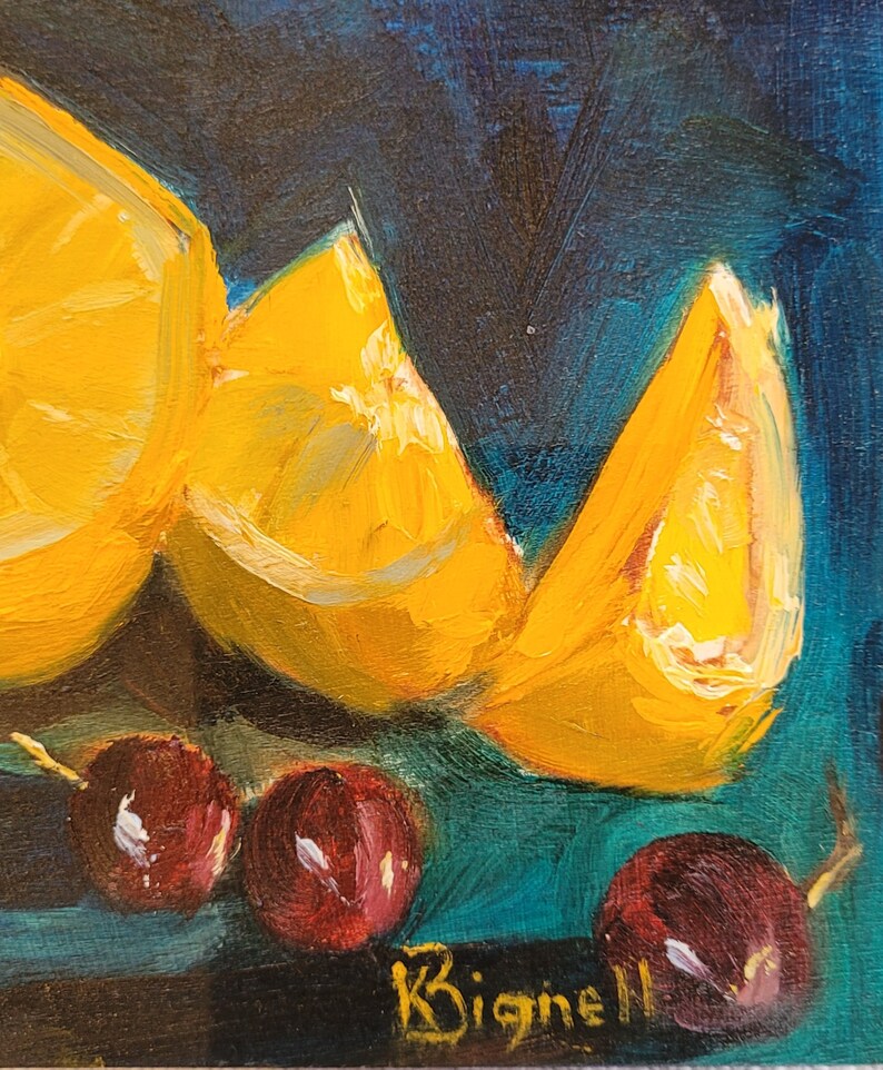May include: A still life painting of three orange lemon slices and four red cherries on a teal background. The artist's signature, "Bignell", is in the bottom right corner.