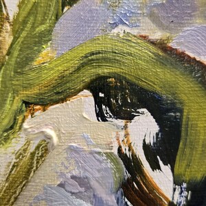May include: Close-up of an abstract oil painting with visible brushstrokes. The artwork features a palette of colors including green, white, brown, black, and shades of blue and purple. The painting has a textured appearance.