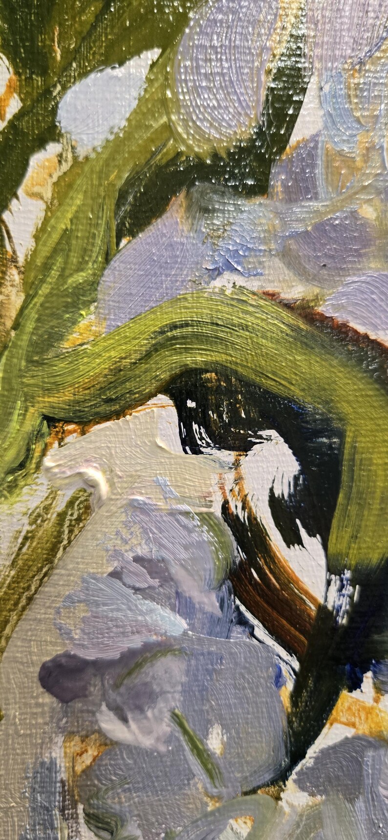 May include: Close-up of an abstract oil painting with visible brushstrokes. The artwork features a palette of colors including green, white, brown, black, and shades of blue and purple. The painting has a textured appearance.