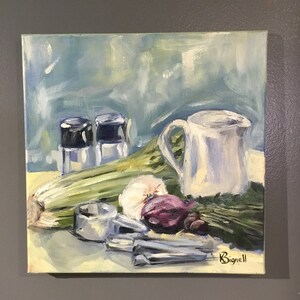 May include: Oil painting of a still life featuring a white pitcher, salt and pepper shakers, celery, an onion, and herbs. The painting has a light blue and white background. The artist's signature, Bignell, is in the lower right corner.