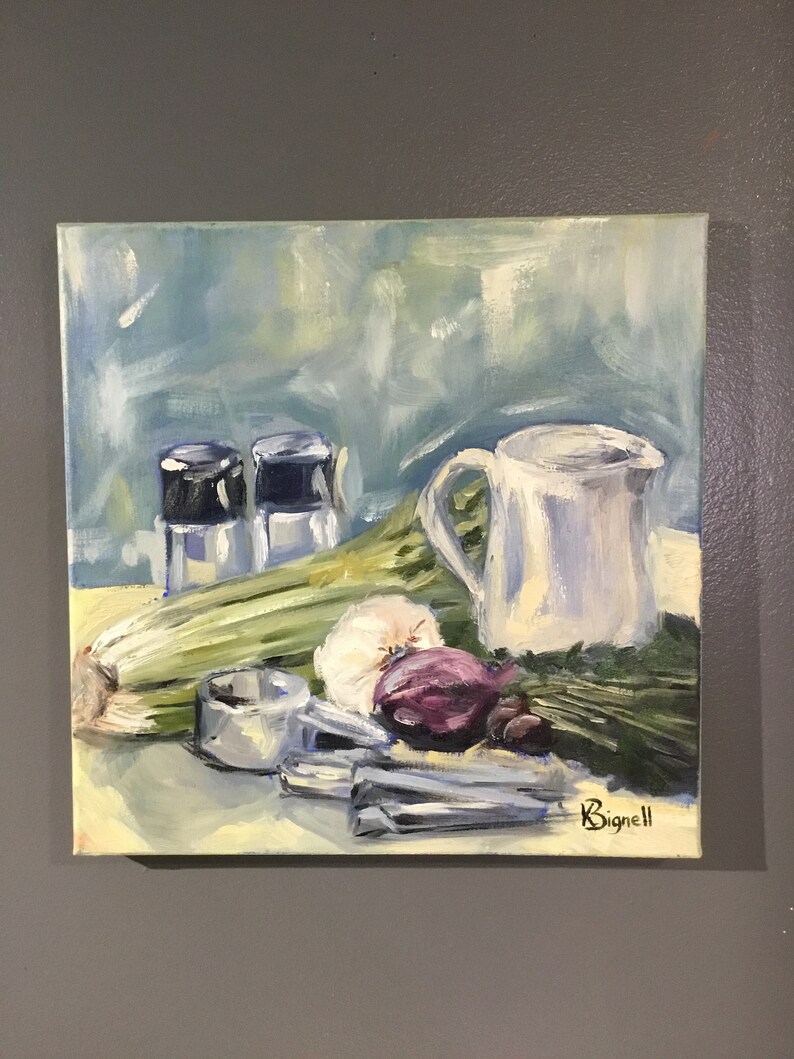 May include: Oil painting of a still life featuring a white pitcher, salt and pepper shakers, celery, an onion, and herbs. The painting has a light blue and white background. The artist's signature, Bignell, is in the lower right corner.