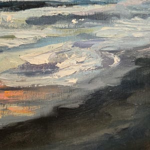 May include: Oil painting of a seascape with a sunset. The sky transitions from orange to purple, reflecting on the water. Waves are depicted with white and blue brushstrokes, creating a textured effect.