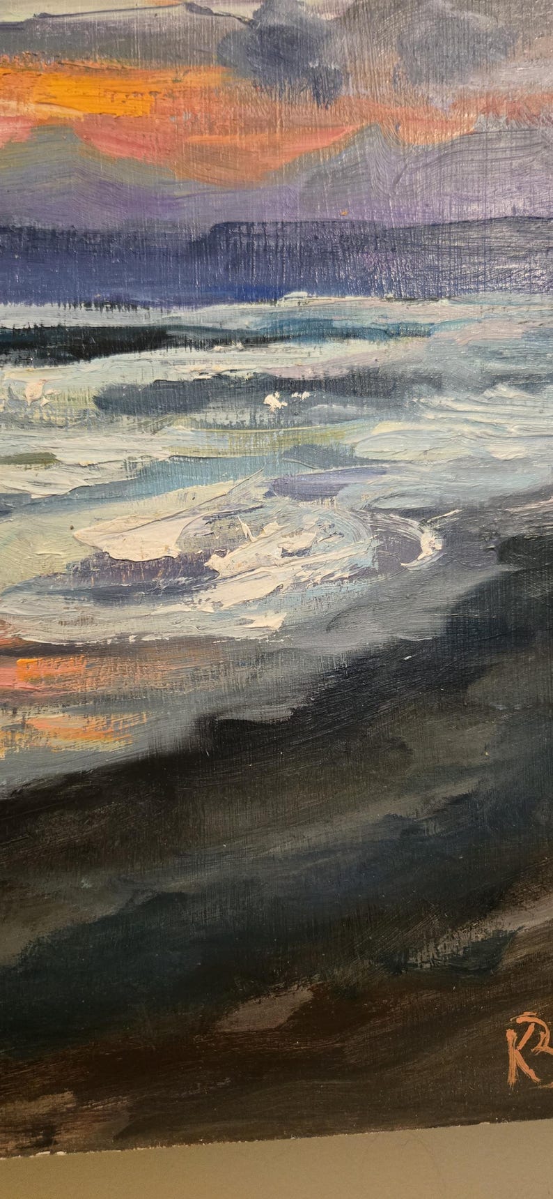 May include: Oil painting of a seascape with a sunset. The sky transitions from orange to purple, reflecting on the water. Waves are depicted with white and blue brushstrokes, creating a textured effect.