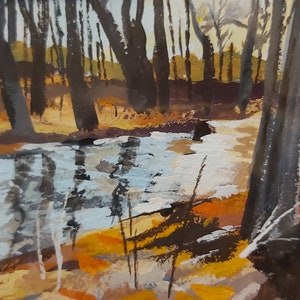 May include: A painting of a forest scene with a stream running through it. The trees are dark and the water is light blue. The ground is covered in fallen leaves.