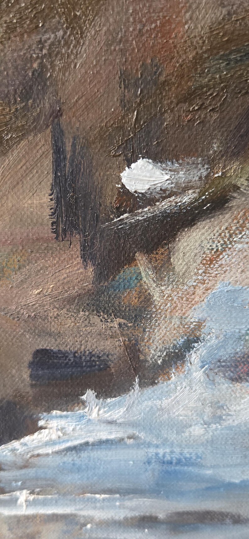 May include: Close-up of an abstract oil painting with textured brushstrokes. The artwork features a palette of browns, whites, and blues, suggesting a landscape or seascape. The style is expressive and impressionistic.