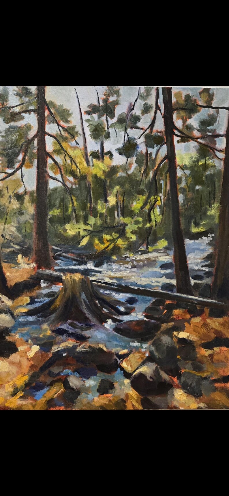 May include: Oil painting of a forest scene with a stream. The artwork features tall trees, a tree stump, and rocks along the water's edge. The color palette includes greens, browns, and blues.