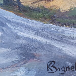 May include: A close-up of a painting with a blue and white abstract design. The artist's signature, "K Bignell", is visible in the bottom right corner.