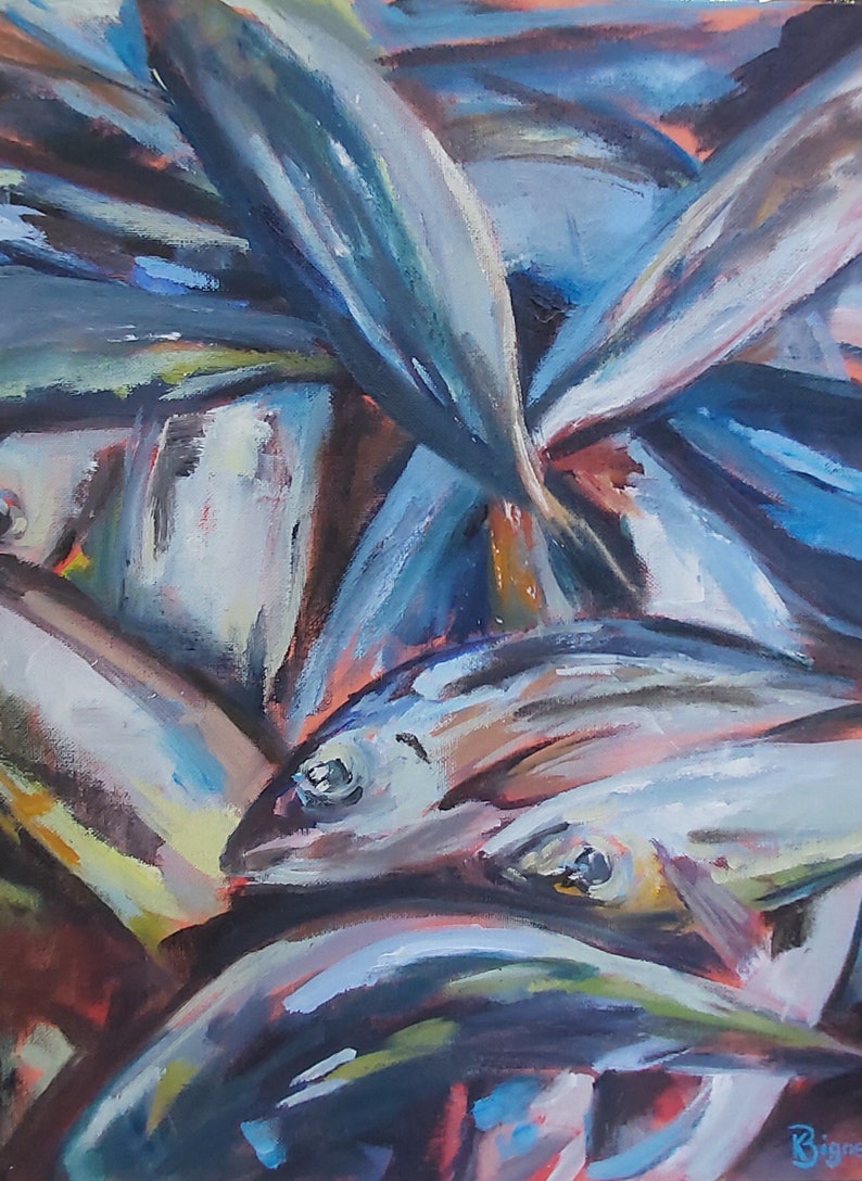 May include: A painting of a pile of fish, with blue, gray, and white hues. The fish are arranged in a chaotic pattern, with some overlapping others. The painting is done in a loose, expressive style, with visible brushstrokes.