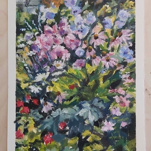 May include: A painting of a bouquet of pink, purple, and white flowers with green leaves. The flowers are painted in a loose, impressionistic style.