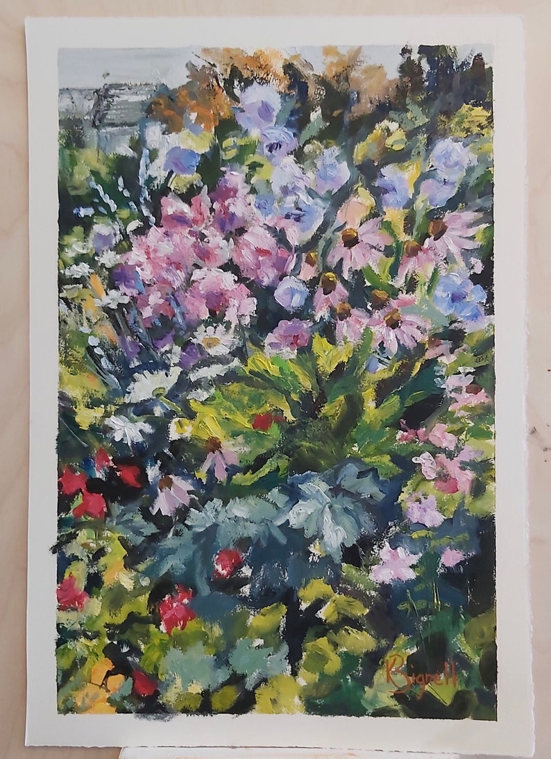 May include: A painting of a bouquet of pink, purple, and white flowers with green leaves. The flowers are painted in a loose, impressionistic style.