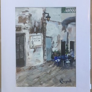 May include: A painting of a street scene with a shop called "Boutique R/Z" and a person sitting at a table outside. The painting is done in a muted color palette with shades of gray, brown, and blue.