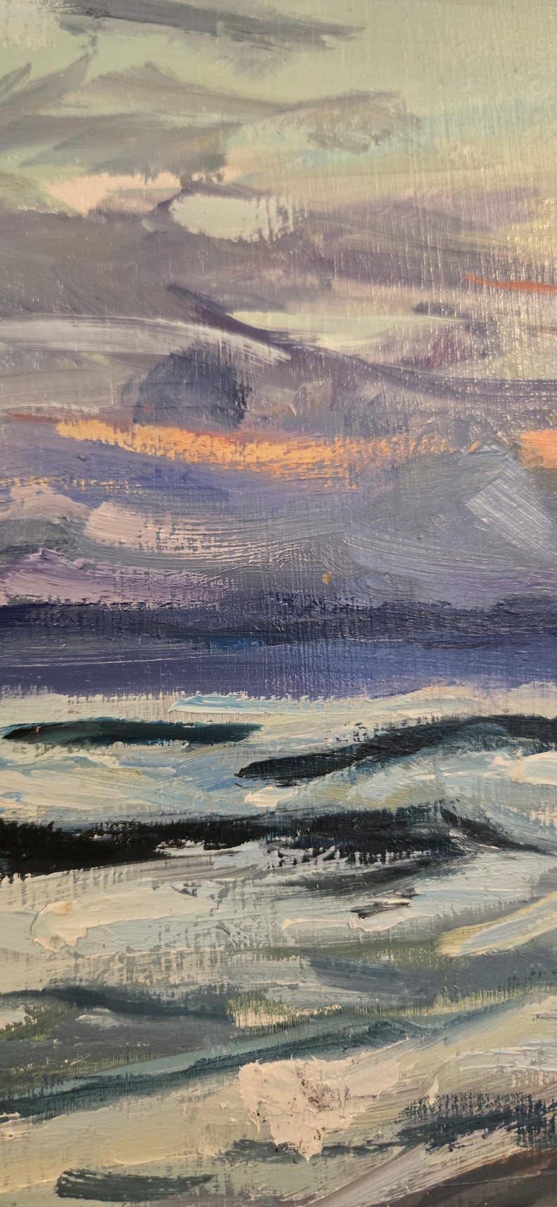 May include: An oil painting depicting a seascape with a dramatic sky. The artwork features a blend of blues, grays, and hints of orange, creating a moody atmosphere. Brushstrokes are visible, adding texture to the scene.