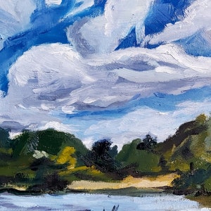 May include: Oil painting of a landscape featuring a bright blue sky filled with fluffy white clouds. The foreground shows a body of water, with green trees and foliage along the horizon. The artwork uses thick brushstrokes.