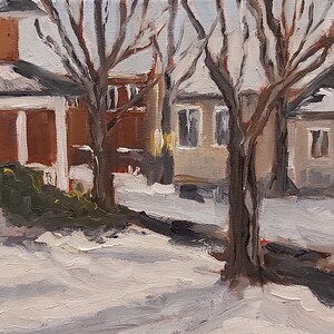 Huile originale, scène extérieure hivernale, paysage urbain, vieille maison neige et arbres