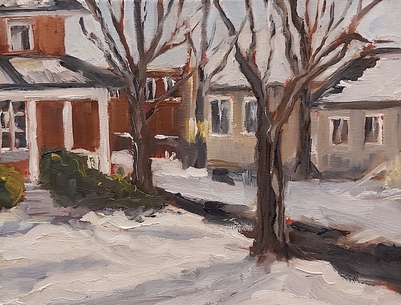 May include: A painting of two houses in a snowy neighborhood. The houses are painted in shades of brown and gray, and the trees are bare. The snow is white and fluffy, and the sky is a pale blue.