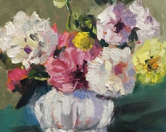 Original oil painting, “August Dalhias” flowers in vase
