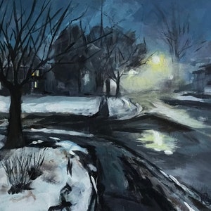 May include: An original oil painting depicts a winter night scene. Bare trees line a snow-covered street illuminated by a street light. Houses with lit windows are visible in the background. The artwork is signed in the lower right corner.