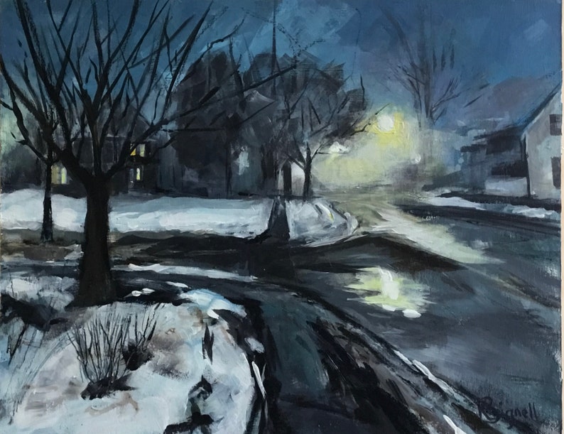May include: An original oil painting depicts a winter night scene. Bare trees line a snow-covered street illuminated by a street light. Houses with lit windows are visible in the background. The artwork is signed in the lower right corner.