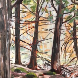 May include: A painting of a forest scene with three tall trees in the foreground. The trees are brown and have green leaves. The background is a blur of light and dark colors.