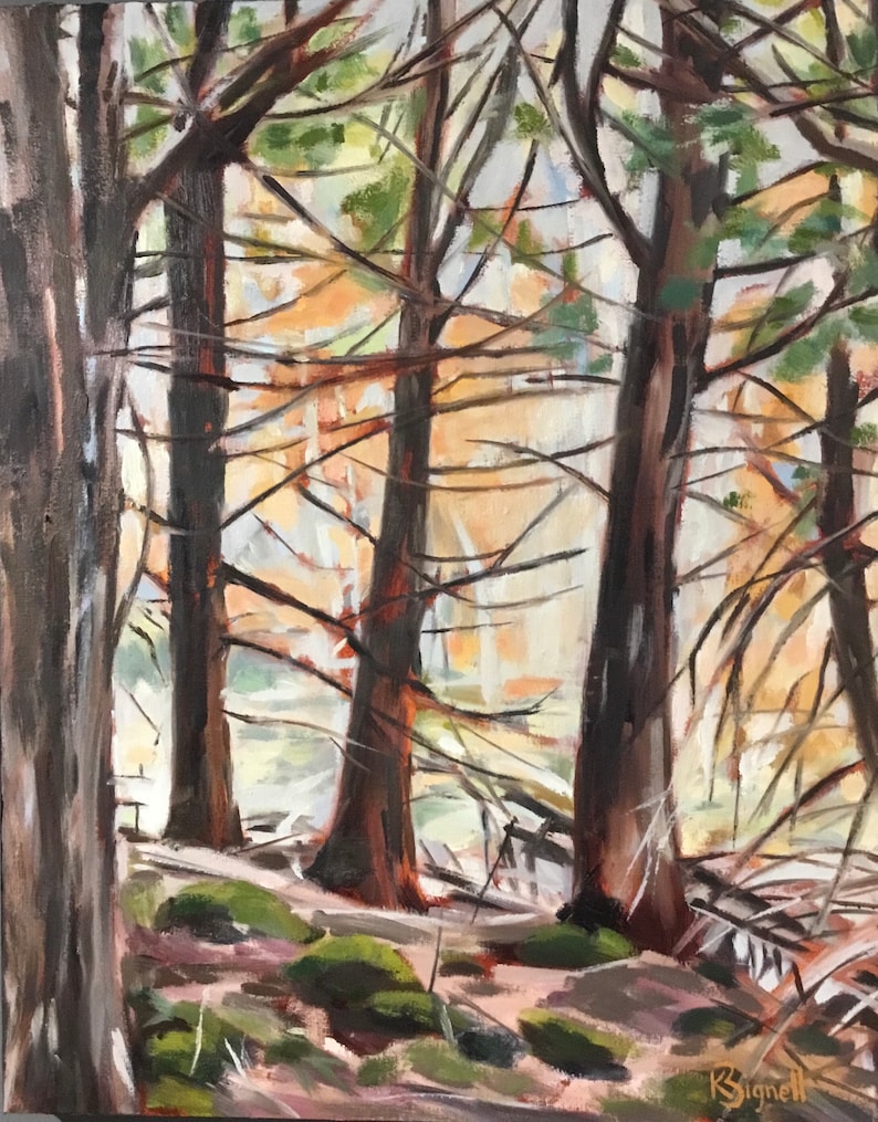 May include: A painting of a forest scene with three tall trees in the foreground. The trees are brown and have green leaves. The background is a blur of light and dark colors.
