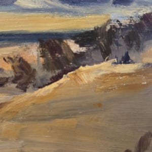 May include: An oil painting on canvas depicting a coastal landscape with a sandy beach, dark rocky formations, and a turbulent blue and grey sky. The scene features thick, visible brushstrokes in shades of tan, brown, and deep blue. The artist's signature, Bignell, is clearly visible in the bottom right corner.