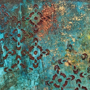 May include: Abstract painting with a teal background and brown and gold accents. The painting features a repeating pattern of brown shapes that resemble stylized flowers.