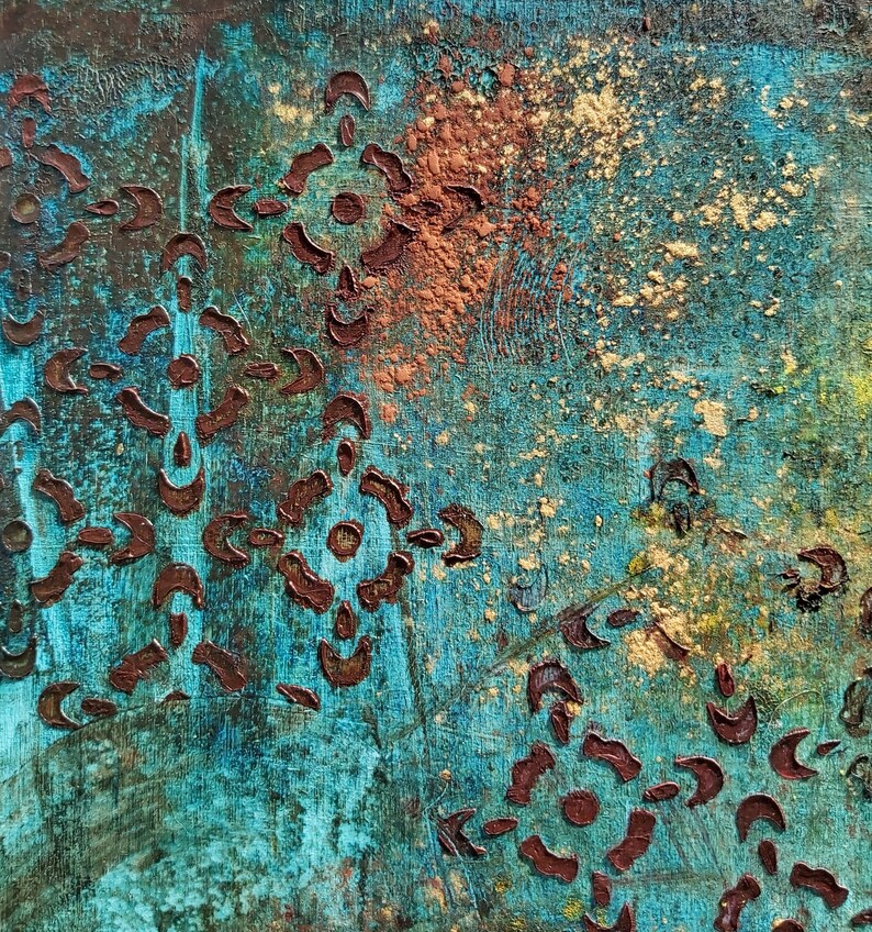 May include: Abstract painting with a teal background and brown and gold accents. The painting features a repeating pattern of brown shapes that resemble stylized flowers.