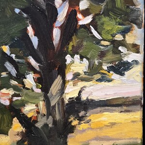 May include: Oil painting in an impressionistic style, depicting a tree with a dark trunk and green leaves. The artwork shows visible brushstrokes and a palette of greens, yellows, and browns. The artist's signature is in the bottom right corner.