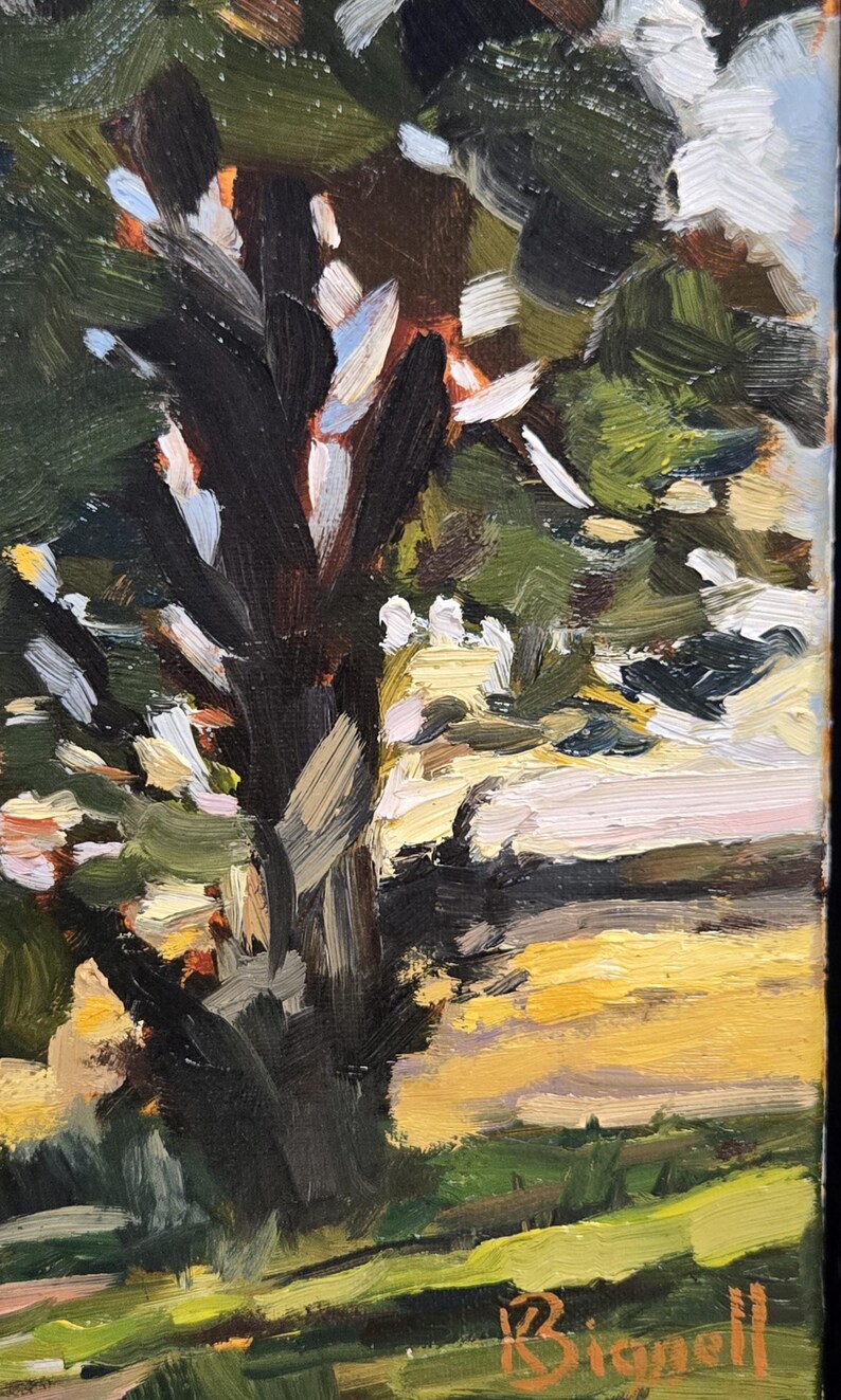 May include: Oil painting in an impressionistic style, depicting a tree with a dark trunk and green leaves. The artwork shows visible brushstrokes and a palette of greens, yellows, and browns. The artist's signature is in the bottom right corner.