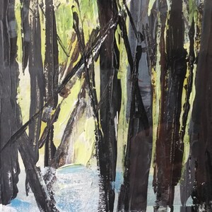 Puede incluir: Pintura abstracta de una escena de bosque con &aacute;rboles negros y blancos y un fondo azul claro y blanco.