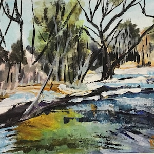 Original Mixed Media painting on Arches paper, winter I the woods, trees, snow and stream, original painting