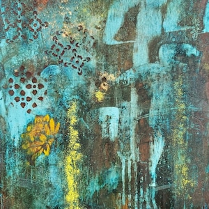 May include: Abstract painting with a blue, green, brown, and yellow color scheme. The painting features a large number "4" in the upper right corner and a yellow flower in the lower left corner. The artist's signature "Rignell" is in the lower right corner.