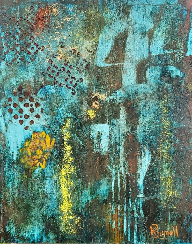 May include: Abstract painting with a blue, green, brown, and yellow color scheme. The painting features a large number "4" in the upper right corner and a yellow flower in the lower left corner. The artist's signature "Rignell" is in the lower right corner.