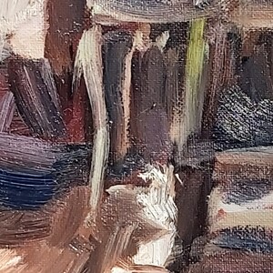May include: A close-up of a painting with a signature in the bottom right corner that reads "K. Bignell". The painting is done in a loose, impressionistic style with brushstrokes visible.