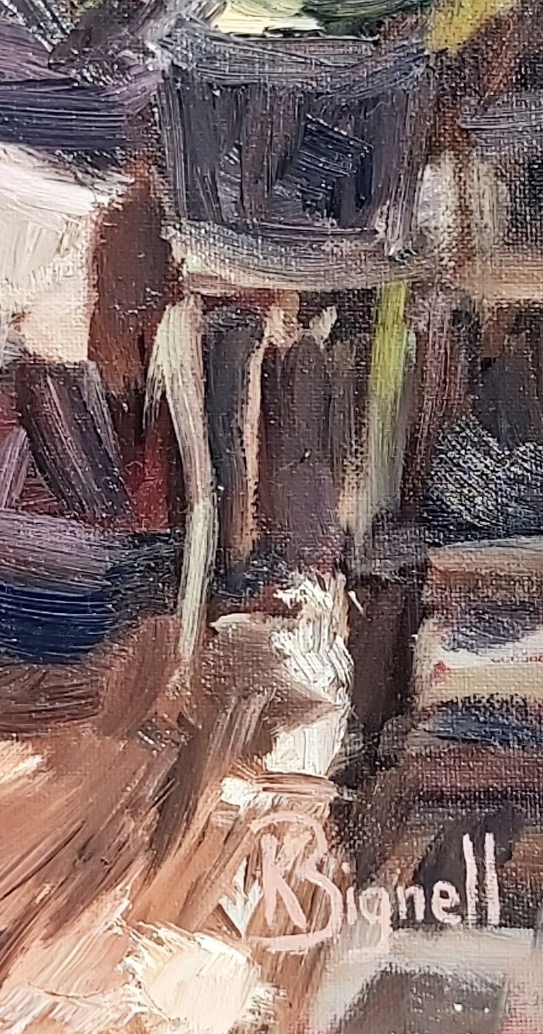 May include: A close-up of a painting with a signature in the bottom right corner that reads "K. Bignell". The painting is done in a loose, impressionistic style with brushstrokes visible.