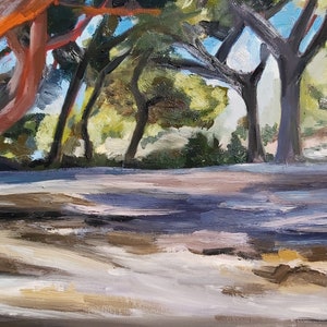 May include: An oil painting of a landscape featuring trees with reddish-orange trunks and dark green foliage. The painting depicts a path or ground area in shades of beige and brown, with shadows and sunlight creating depth and texture. The sky is a light blue.