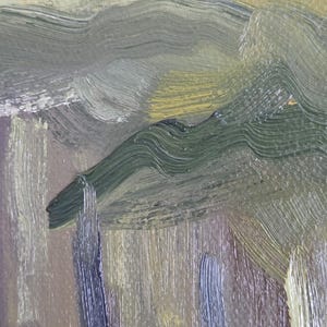 May include: Abstract landscape painting with visible brushstrokes. The artwork features a palette of greens, browns, and yellows, creating a textured, layered effect. The composition suggests rolling hills and a textured sky.