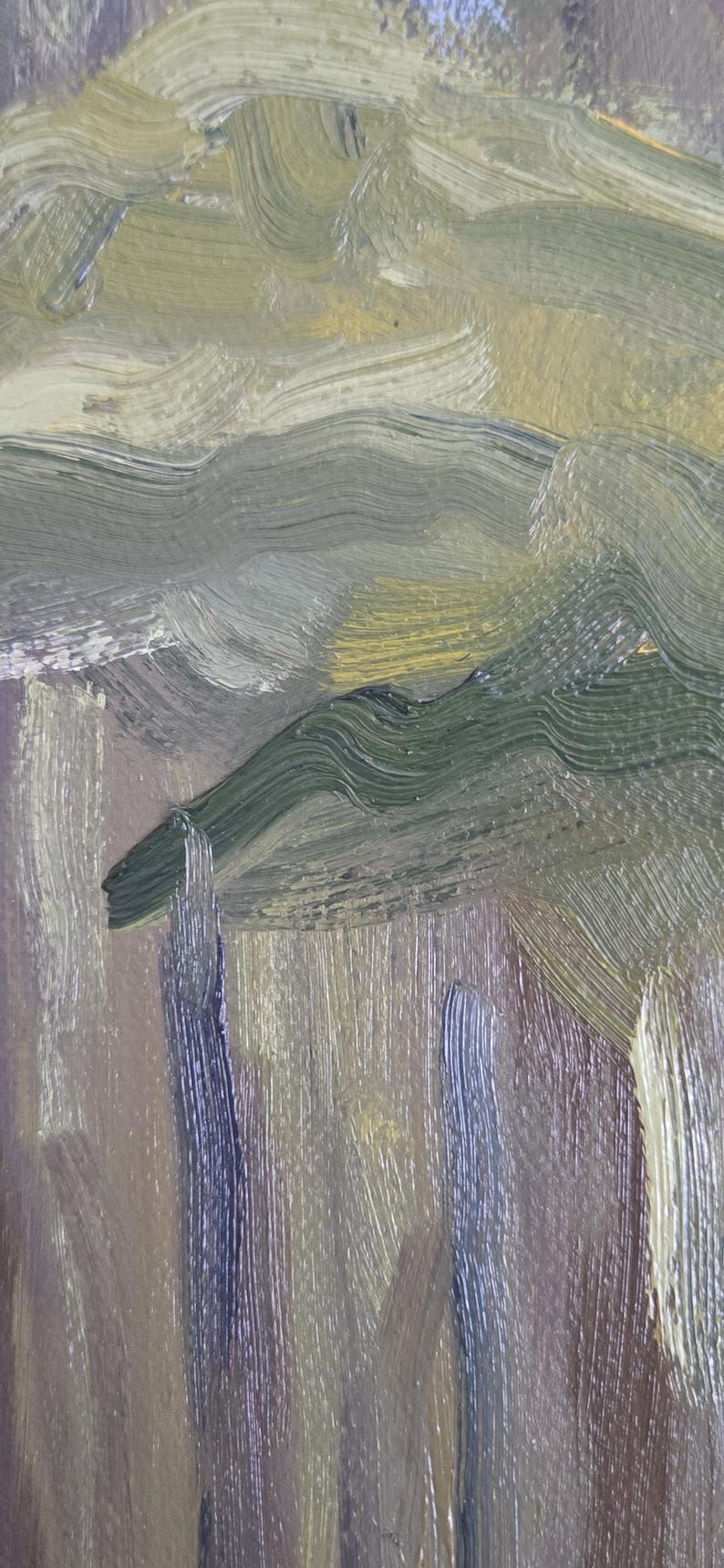 May include: Abstract landscape painting with visible brushstrokes. The artwork features a palette of greens, browns, and yellows, creating a textured, layered effect. The composition suggests rolling hills and a textured sky.