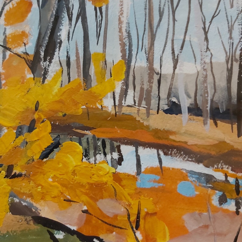 May include: Abstract painting of a forest scene with yellow, orange, and brown colors. The painting depicts a stream or river in the foreground with trees in the background.