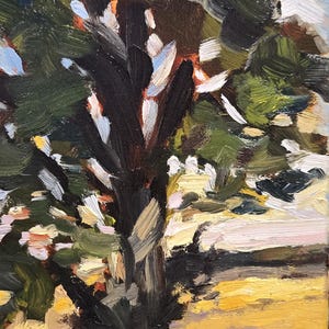 May include: An oil painting depicting a tree with a dark brown trunk and green leaves. The background features a yellow and green field. The artist's signature, Bignell, is visible in the bottom right corner.