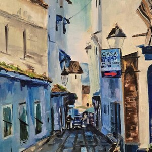 Original Oil Painting on Arches Oil Paper mounted on cradled wood panel.  Painting is of an alley in Chefchaouen, the blue city of Morroco.
