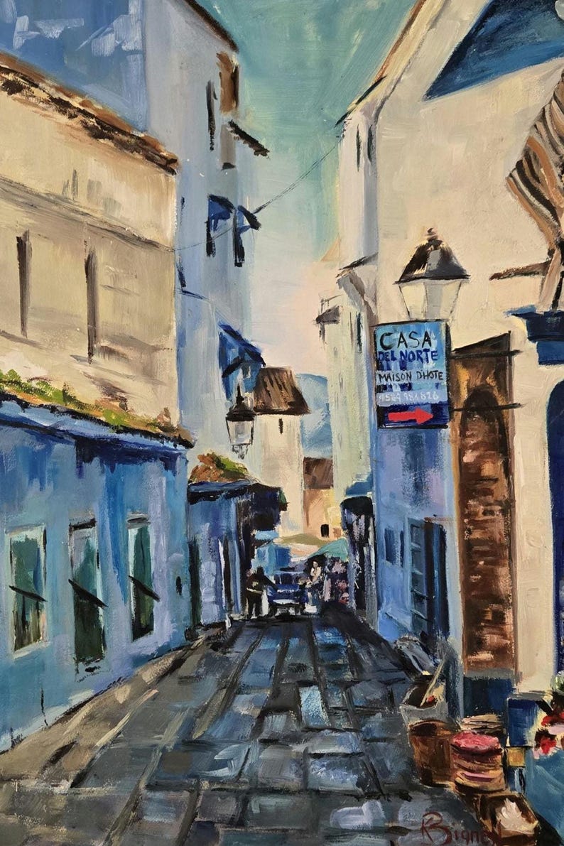 Original Oil Painting on Arches Oil Paper mounted on cradled wood panel.  Painting is of an alley in Chefchaouen, the blue city of Morroco.